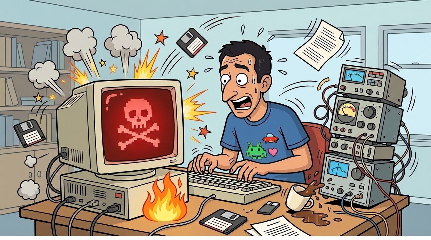 Rolando Margarito tecleando en una vieja computadora que explota en llamas, humo y errores, mientras todo a su alrededor es un caos.